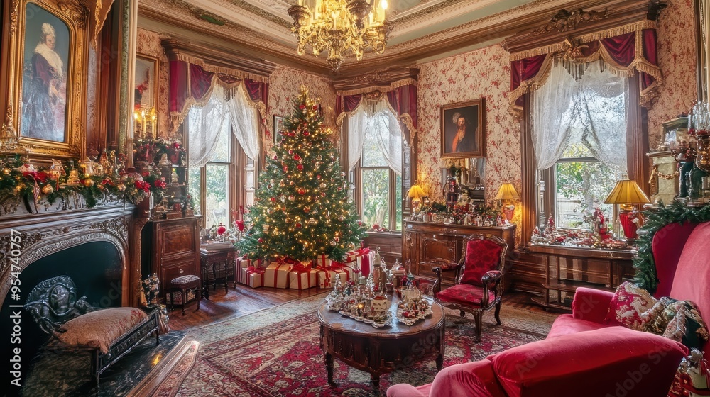 Elegant Christmas Scene in Lavish Victorian-Style Living Room Elegant Christmas Scene in Lavish Victorian-Style Living Room