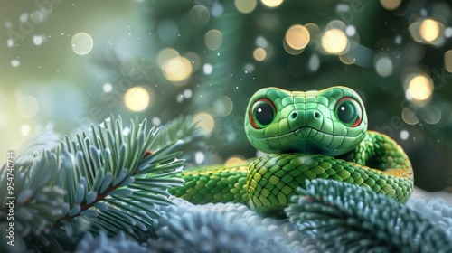 Green little snake is sitting by the Christmas tree, in the style of iconic pop culture caricatures, cute and dreamy