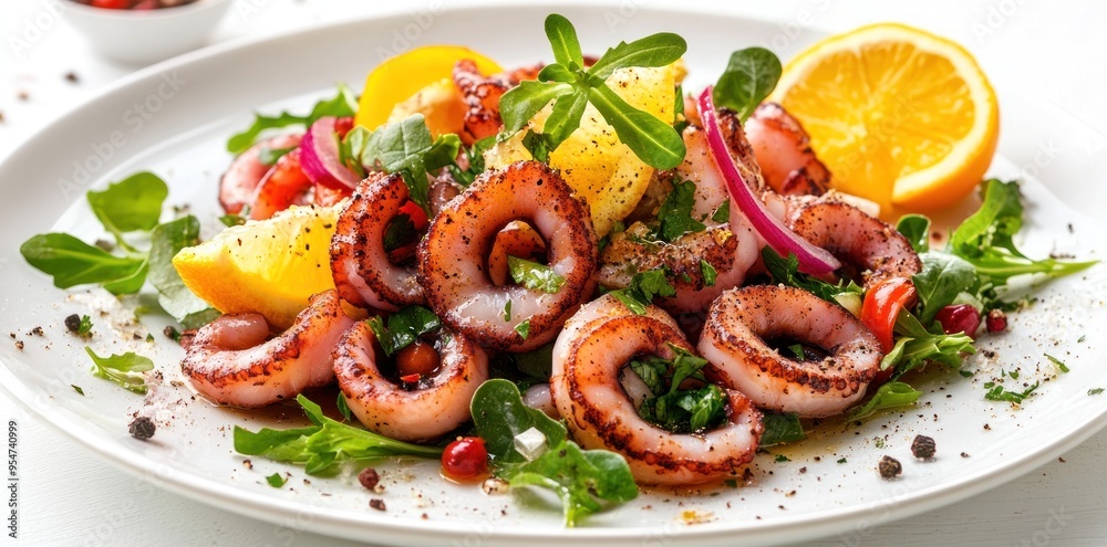 Grilled Octopus Salad with Orange, Red Onion, and Herbs on a White Plate Grilled Octopus Salad with Orange, Red Onion, and Herbs on a White Plate