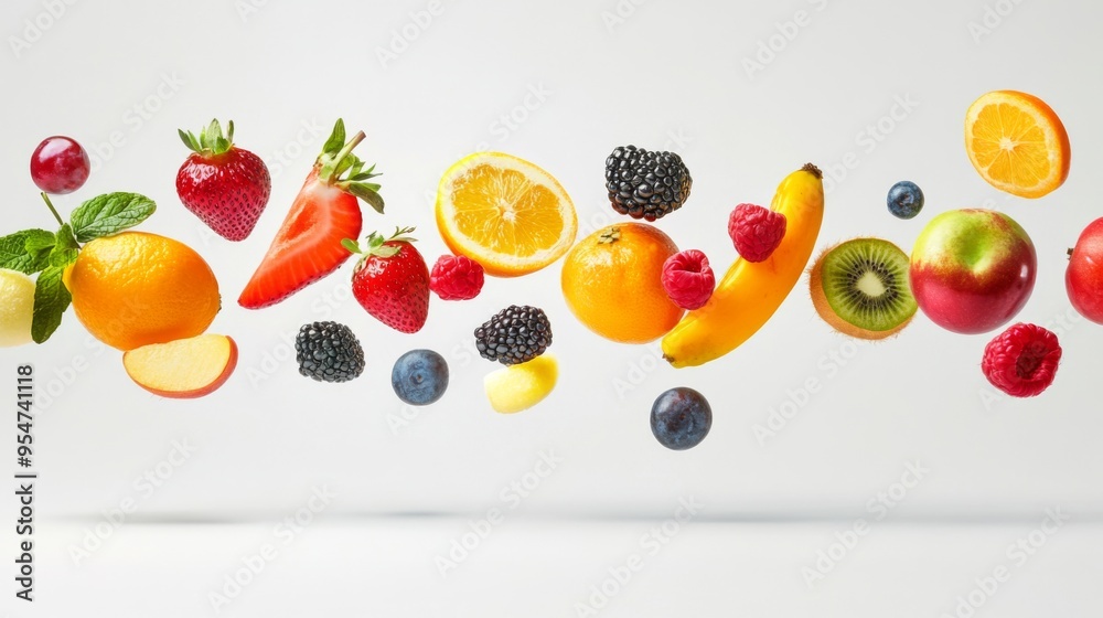 Flying different fresh fruits in air on white background. Falling fruits mix multifruit Flying different fresh fruits in air on white background. Falling fruits mix multifruit