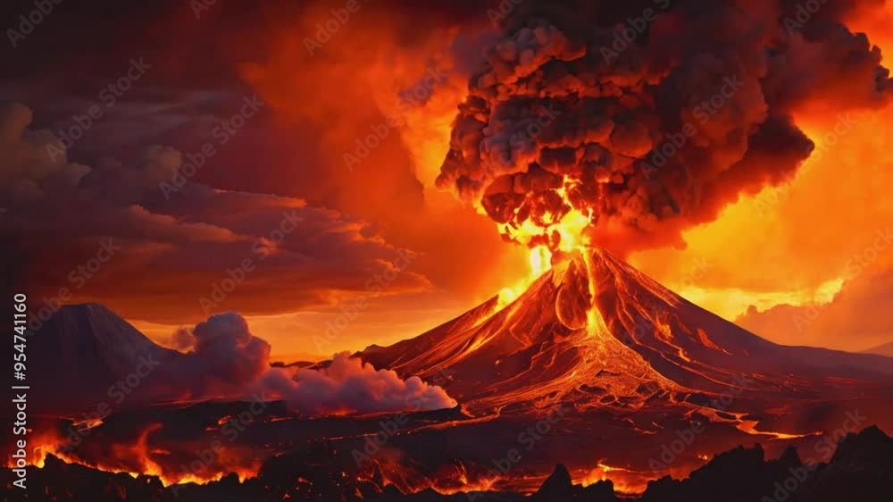 A volcanic eruption illuminates the night sky with fiery orange and red ...