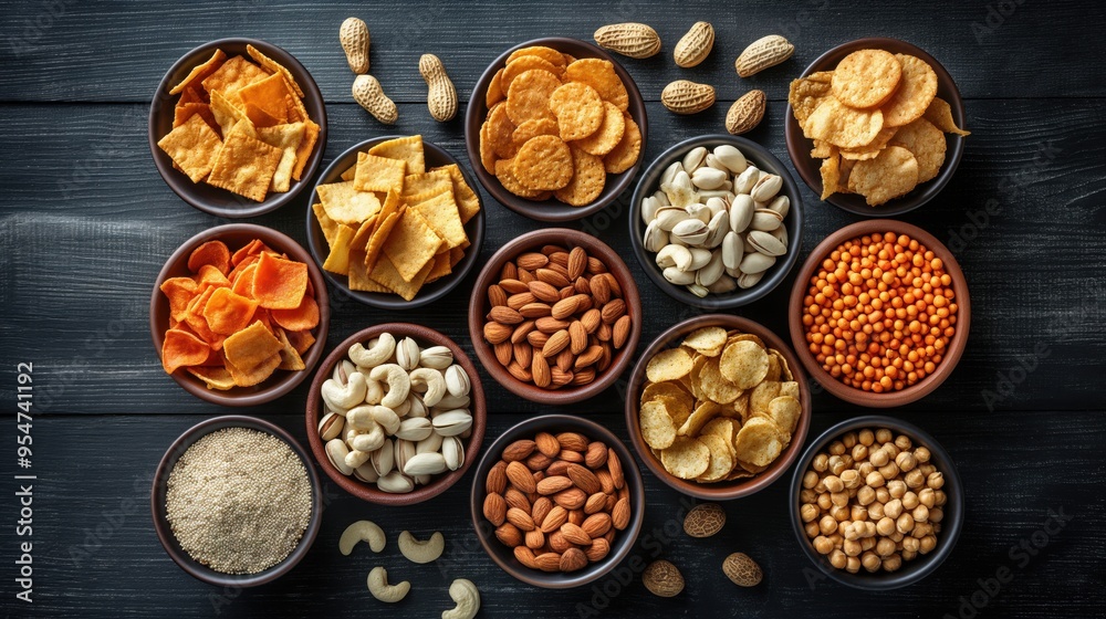 Assortment of different chips and snacks, a set of chips. Popcorn, nachos, potato chips, cheese pops, nacho chips, nuts, croutons, pretzels. Assortment of crispy salty snacks for beer.Not healthy food Assortment of different chips and snacks, a set of chips. Popcorn, nachos, potato chips, cheese pops, nacho chips, nuts, croutons, pretzels. Assortment of crispy salty snacks for beer.Not healthy food