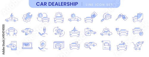 Auto sale dealership editable stroke icons. Thin line set of car dealer, automotive industry, vehicle trade center or store. Blue linear symbols of rental service, repair and transportation insurance