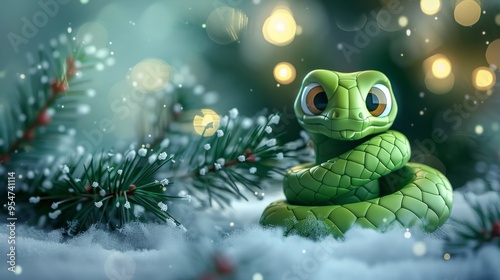 Green little snake is sitting by the Christmas tree, in the style of iconic pop culture caricatures, cute and dreamy