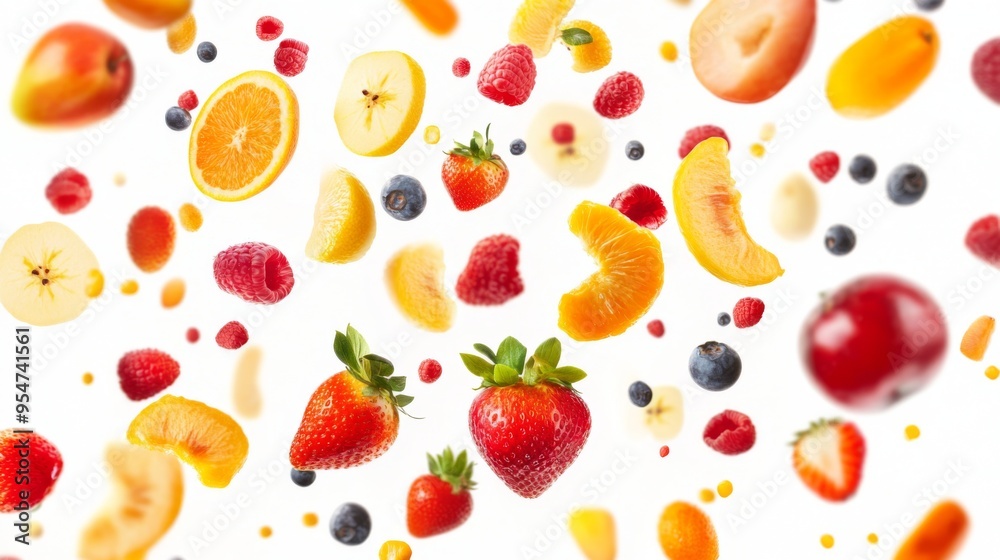 Flying different fresh fruits in air on white background. Falling fruits mix multifruit Flying different fresh fruits in air on white background. Falling fruits mix multifruit