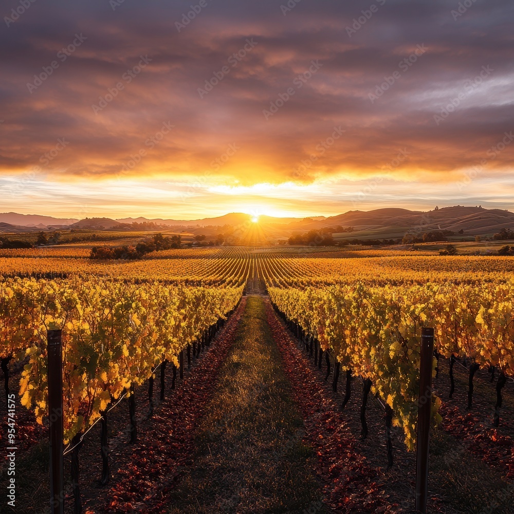 Fototapeta premium Breathtaking Sunset Over a Vibrant Vineyard Landscape