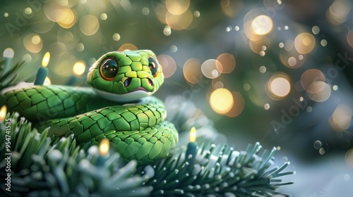 Green little snake is sitting by the Christmas tree, in the style of iconic pop culture caricatures, cute and dreamy
