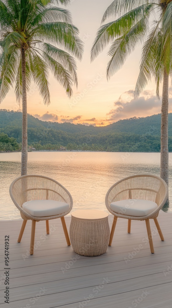 Fototapeta premium A stylish lounge on a villa deck showcases colorful cushions and panoramic ocean views during the enchanting golden hour light