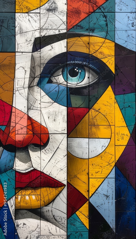 Fototapeta premium Abstract Mosaic Art Portrait with Eye Lips and Geometric Shapes