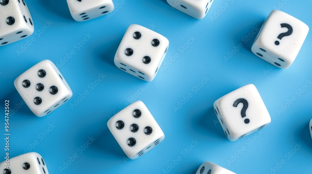 Colorful playful dice on a bright blue background. These dice show numbers and symbols that invite curiosity. Ideal for games, promotions, or creative projects. AI Colorful playful dice on a bright blue background. These dice show numbers and symbols that invite curiosity. Ideal for games, promotions, or creative projects. AI
