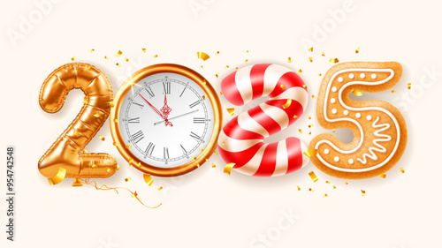 Happy New Year 2025. 3d realistic isolated creative numbers 2025 made of golden foil balloon, clock face, candy cane, gingerbread, flying confetti. Cute greeting card. Vector illustration
