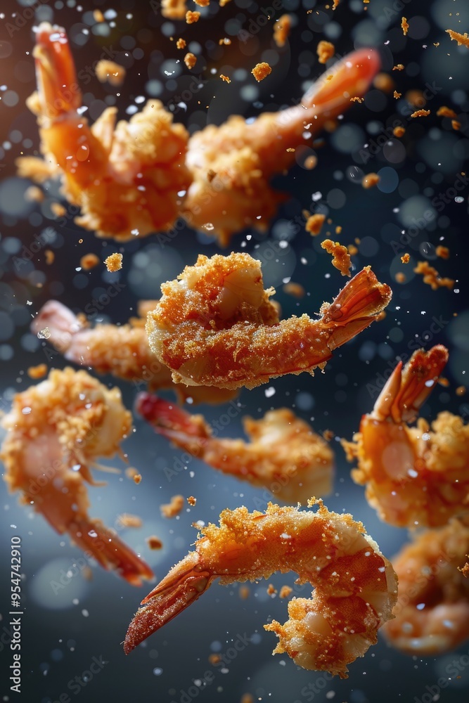Crispy Fried Shrimp in Mid-Air with Dark Background and Falling Crumbs Crispy Fried Shrimp in Mid-Air with Dark Background and Falling Crumbs