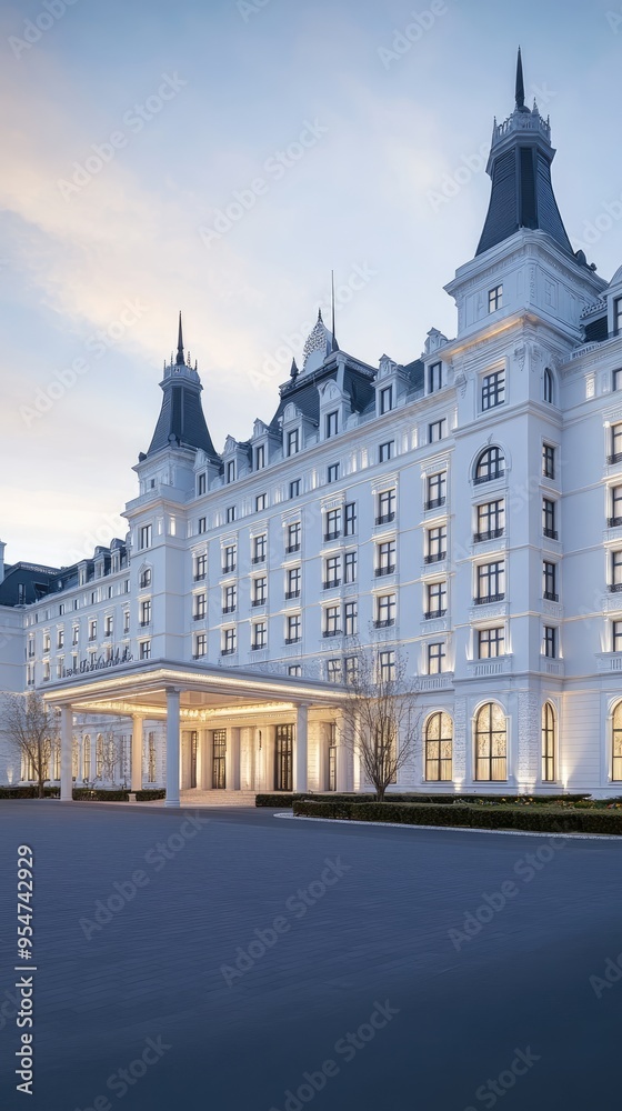 Fototapeta premium The luxurious hotel features classical design elements, tall ceilings, and radiant lighting that enhances its elegant facade at twilight