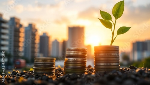 Growth concept with small plants sprouting from coins, representing financial success and sustainability.