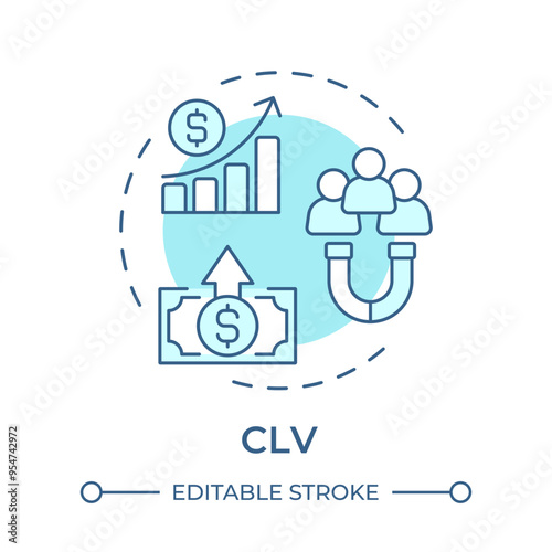 CLV soft blue concept icon. Customer value, sales statistics. Profitability metrics. Round shape line illustration. Abstract idea. Graphic design. Easy to use in infographic, presentation