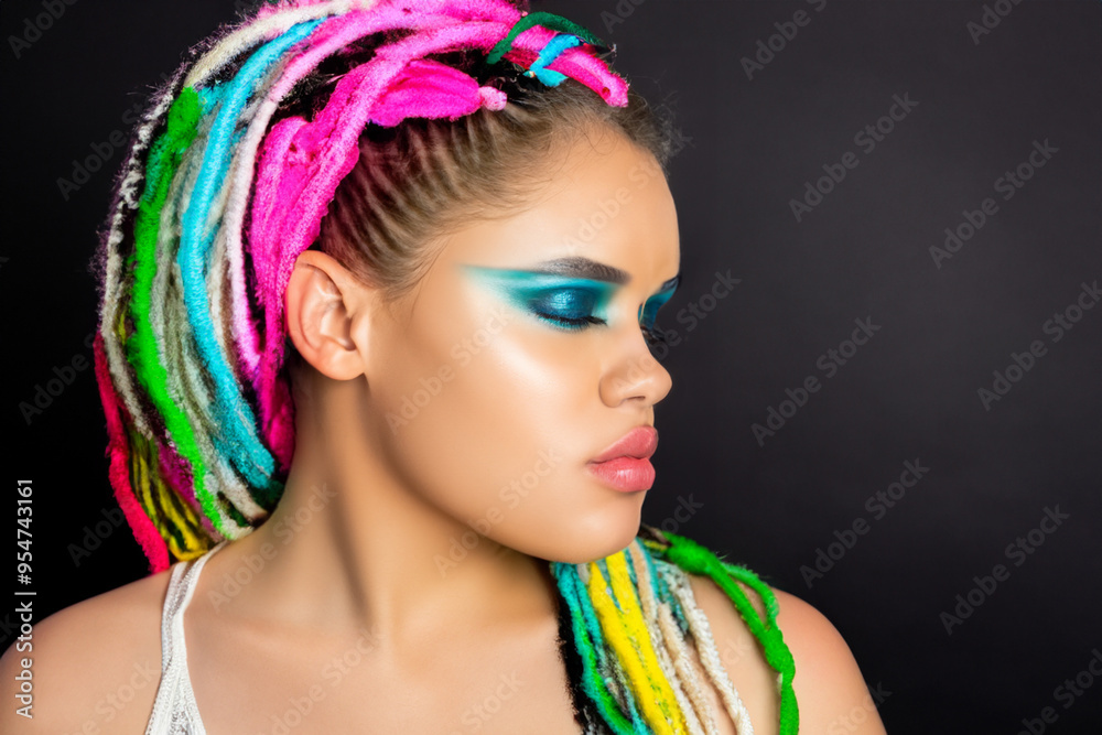 Fototapeta premium Girl with dreadlocks on . woman hair salon concept. a girl in a style with and white dreadlocks and makeup. a girl in a style with and colored dreadlocks is posing with makeup lifestyle.