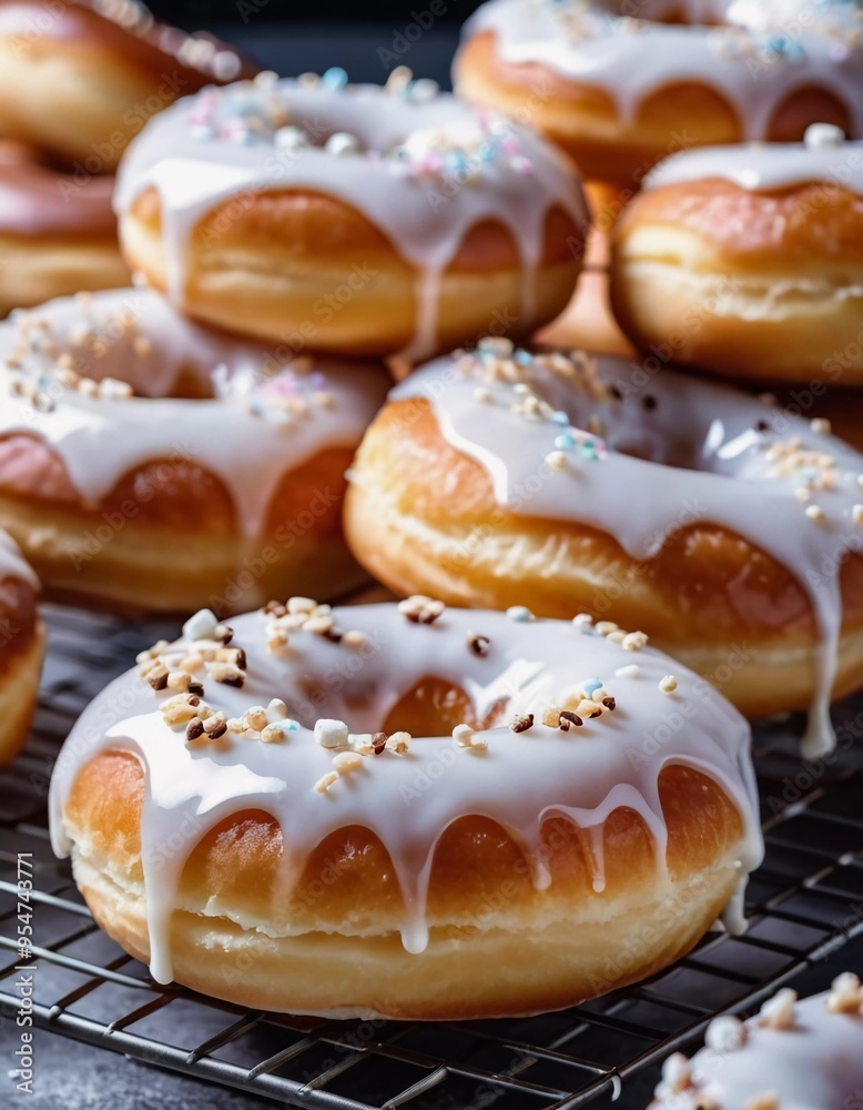 A delicious assortment of vanilla donuts topped with creamy icing and colorful sprinkles, showcasing their appealing texture and sweetness in a warm cafe setting. White icing on buns. Generative AI A delicious assortment of vanilla donuts topped with creamy icing and colorful sprinkles, showcasing their appealing texture and sweetness in a warm cafe setting. White icing on buns. Generative AI