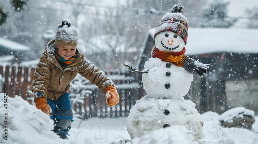 Children rolling large snowballs to build a snowman in a snowy yard, adding accessories like a carrot nose, scarf, and hat. Christmas and New Year traditions Children rolling large snowballs to build a snowman in a snowy yard, adding accessories like a carrot nose, scarf, and hat. Christmas and New Year traditions