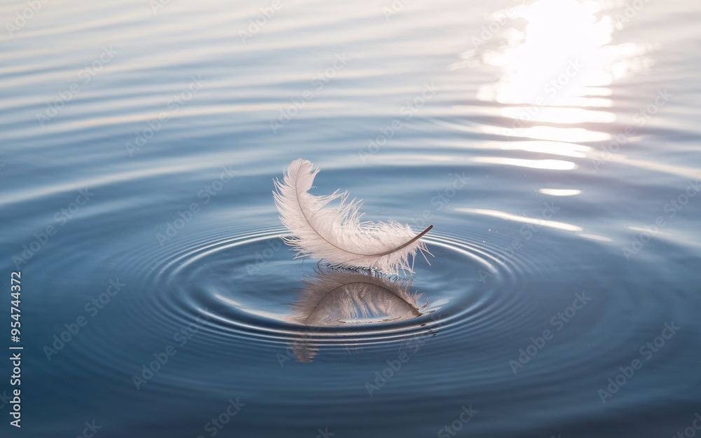 Single white feather gently falls from above and hits the water surface, creating ripples. Single white feather gently falls from above and hits the water surface, creating ripples.