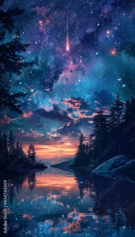 Night Sky Over Lake with Shooting Star and Forest Silhouette Night Sky Over Lake with Shooting Star and Forest Silhouette