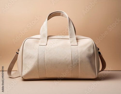  Cream Duffel Bag on Light Beige Background, Studio Shot- A cream-colored duffel bag is eleg_1(146) photo