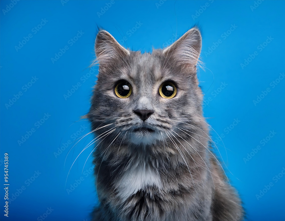 Cute Grey Cat with Wide Eyes Sitting on Blue Background, Studio Shot- A wide-eyed, grey cat_1(155) Cute Grey Cat with Wide Eyes Sitting on Blue Background, Studio Shot- A wide-eyed, grey cat_1(155)