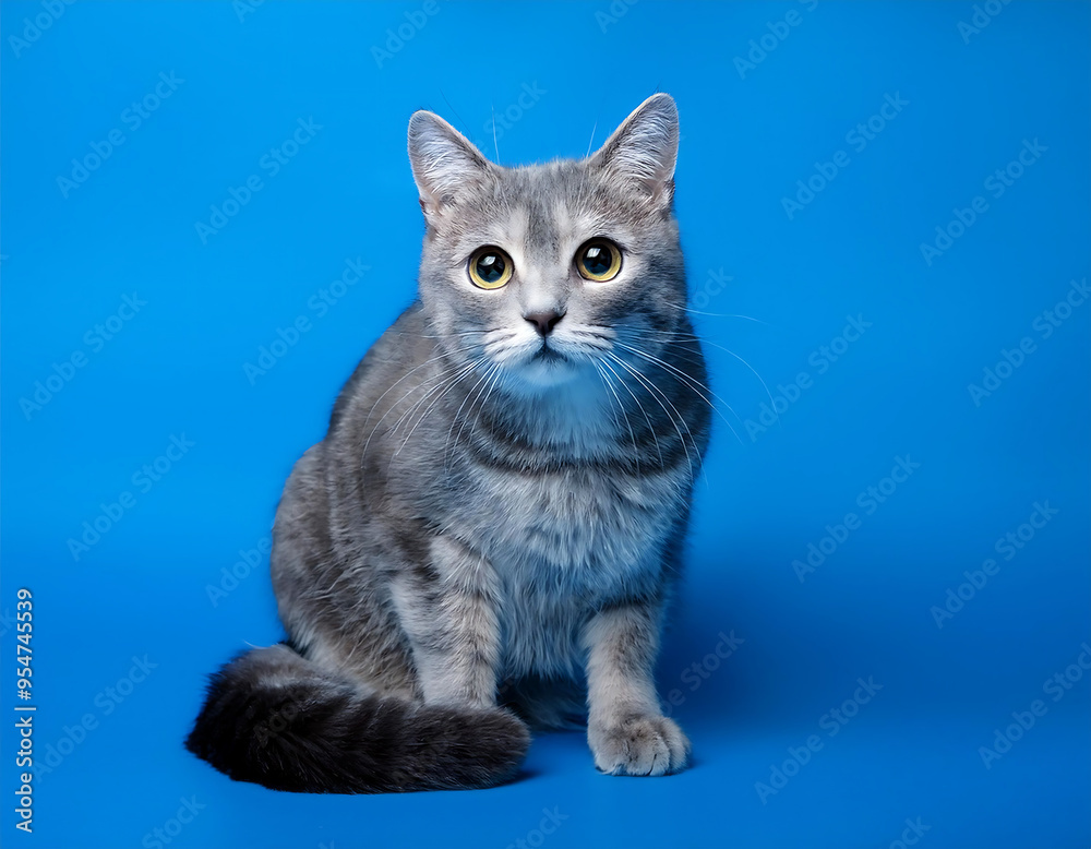 Obraz premium Cute Grey Cat with Wide Eyes Sitting on Blue Background, Studio Shot- A wide-eyed, grey cat_1(156)