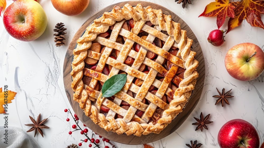 Classic Apple Pie with Lattice Crust Surrounded by Autumn Decorations on White Marble Classic Apple Pie with Lattice Crust Surrounded by Autumn Decorations on White Marble