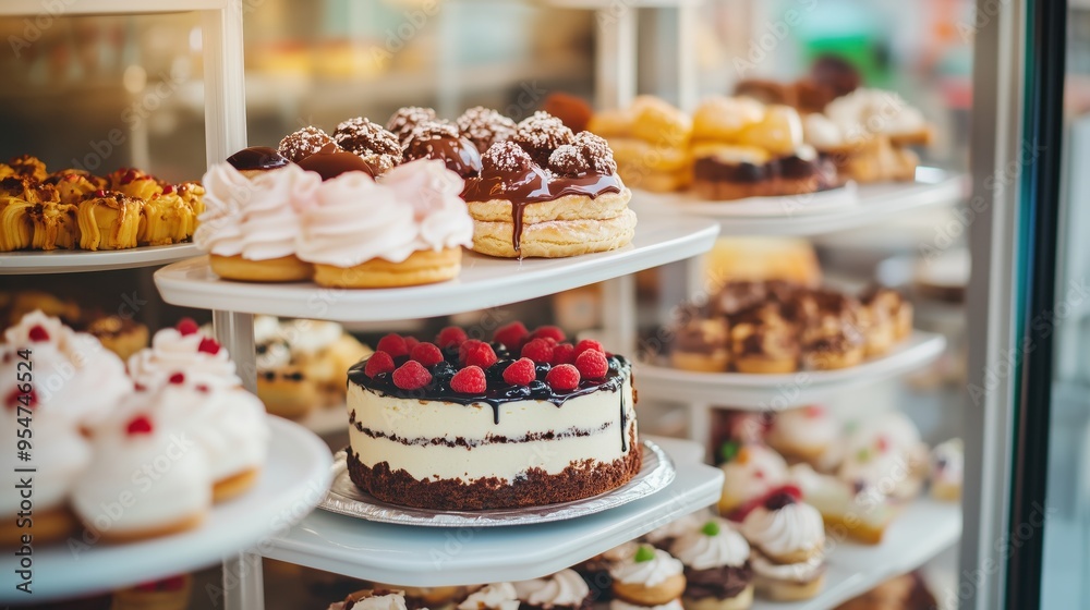 Pastry shop. Beautifully decorated cafe table. Piece of cake and cup of tea on the table in the restaurant. Dessert. Cake. Pastry shop. Beautifully decorated cafe table. Piece of cake and cup of tea on the table in the restaurant. Dessert. Cake.