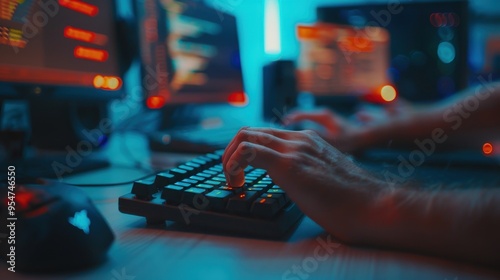 Hands-on keyboard with website coding in progress, focused developer working late, intense coding session photo