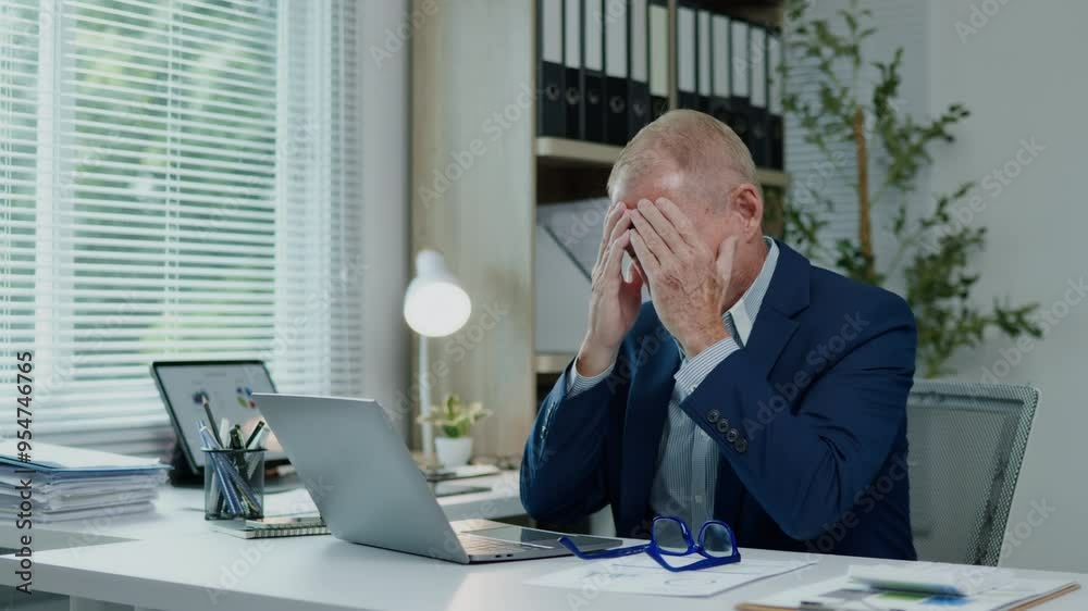 Businessman is seriously stressed and angry working on laptop and document paperwork and headache due to office syndrome on laptop and paperwork in the office.