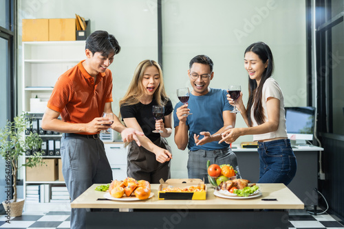 dinner and group of people toast celebration together at party. Friends, happy and celebrate with food, wine and friendship for love, support and cheers champagne at function.