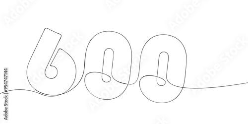 A single line drawing of a six hundred symbol. Continuous line six hundredth number icon. One line icon. Vector illustration.