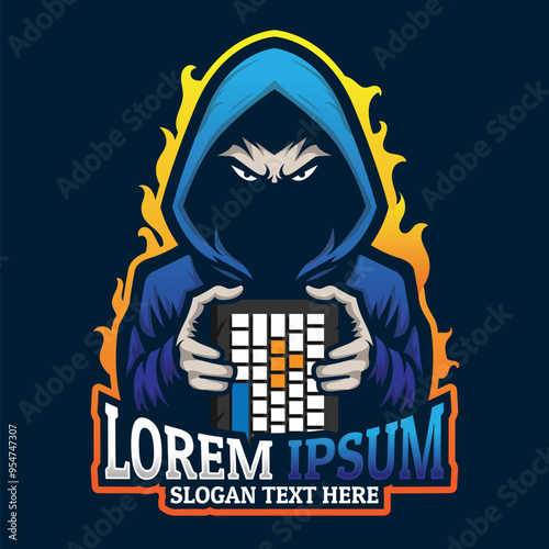 Keyboard PC gamer mascot logo, Hoodie jacket man mistery face, gamer icon mascot, hacker icon vector