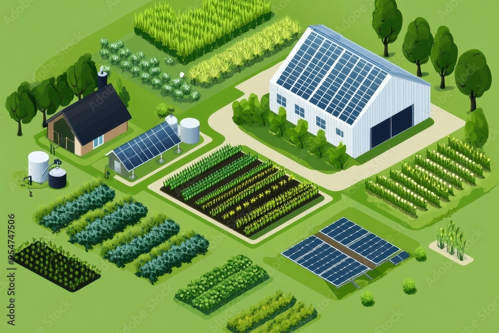 Sustainable Farming Practices: A modern, eco-friendly farm with solar panels, greenhouses, and organic crops growing in neat rows. The farmer is using sustainable tools, such as a compost bin or rainw Sustainable Farming Practices: A modern, eco-friendly farm with solar panels, greenhouses, and organic crops growing in neat rows. The farmer is using sustainable tools, such as a compost bin or rainw