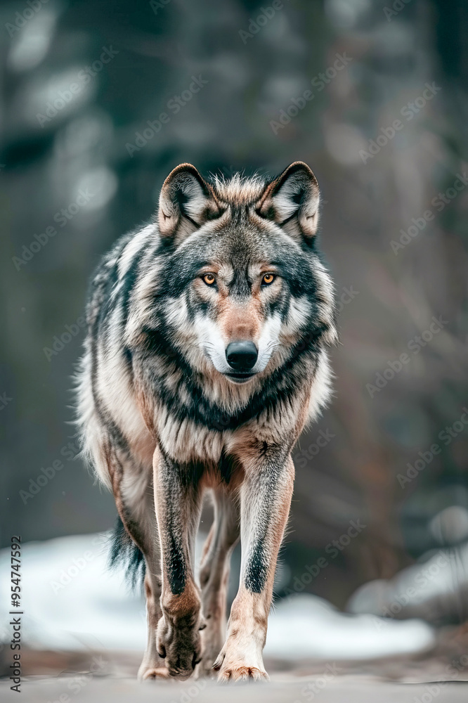 Fototapeta premium a Wolf Walking Forward in a Mysterious Forest