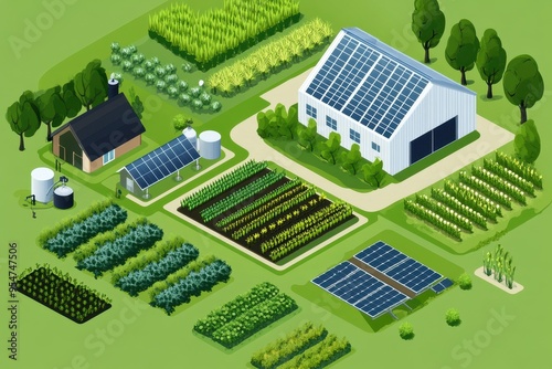 Sustainable Farming Practices: A modern, eco-friendly farm with solar panels, greenhouses, and organic crops growing in neat rows. The farmer is using sustainable tools, such as a compost bin or rainw photo