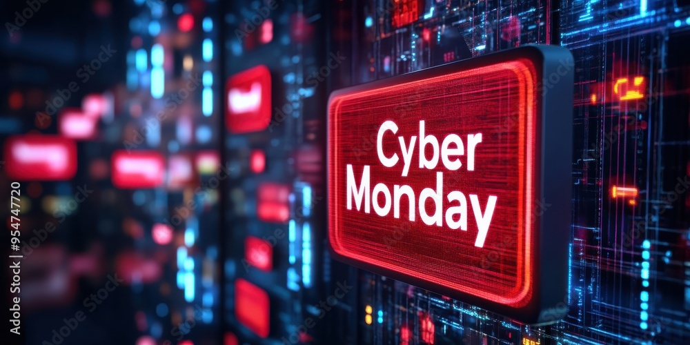 Digital display showcasing Cyber Monday promotions with vibrant graphics and modern technology, perfect for online shopping themes. Digital display showcasing Cyber Monday promotions with vibrant graphics and modern technology, perfect for online shopping themes.