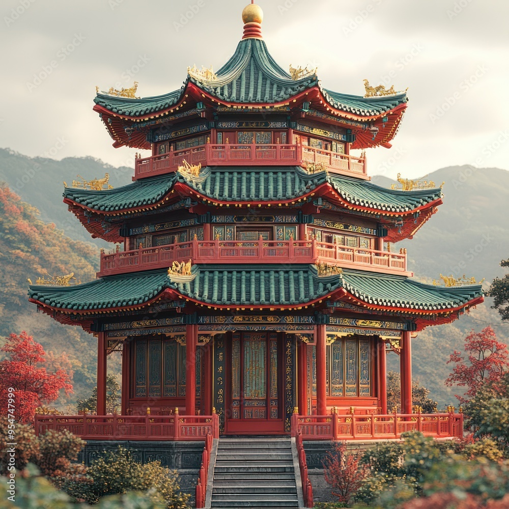 Ornate pagoda surrounded by vibrant autumn foliage in serene landscape. Ornate pagoda surrounded by vibrant autumn foliage in serene landscape.