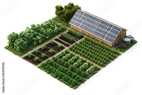 Sustainable Farming Practices: A modern, eco-friendly farm with solar panels, greenhouses, and organic crops growing in neat rows. The farmer is using sustainable tools, such as a compost bin or rainw photo