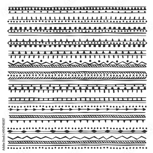 Black hand drawn line borders, tribal dividers with geometric elements