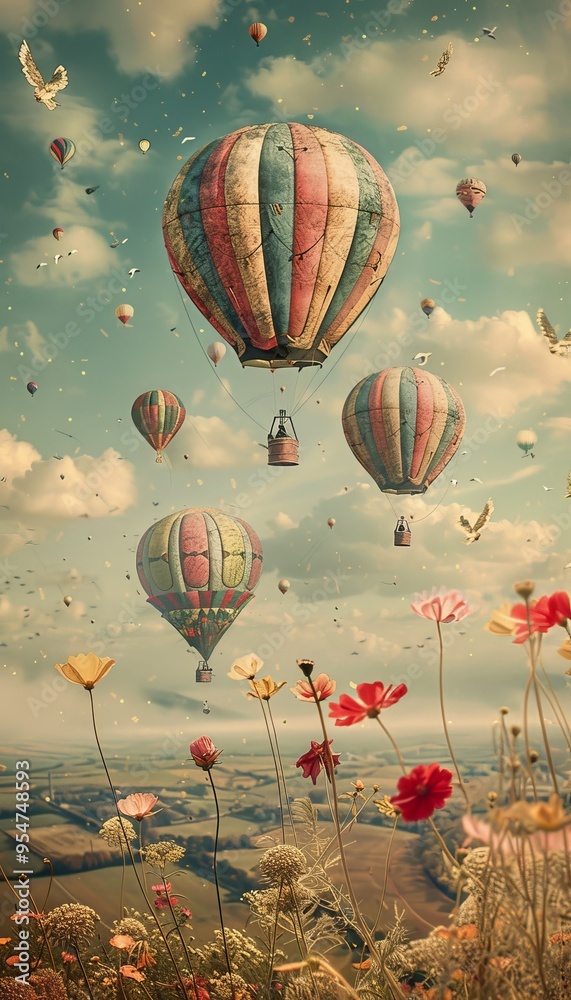 Fototapeta premium Vintage Hot Air Balloons Floating Above Field of Flowers