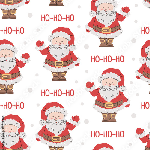 Seamless pattern with cute Santa Claus. Vector holiday texture in flat style. Suitable for wallpaper, wrapping paper, fabric, etc.
