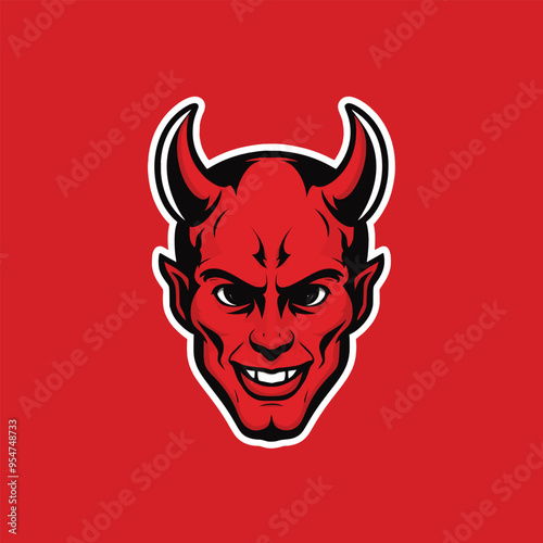 devil head illustration logo on red background