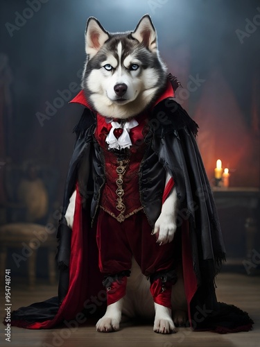 husky dog in a vampire costume,  AI generated