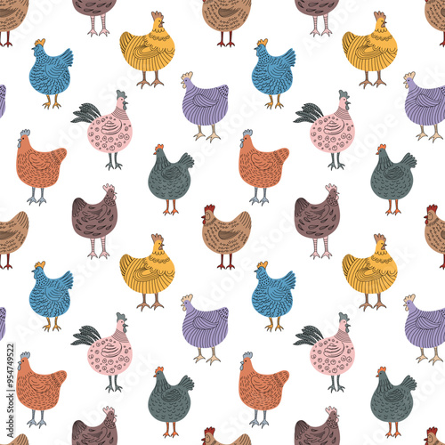 Seamless pattern with hand drawn chicken illustration on white background.