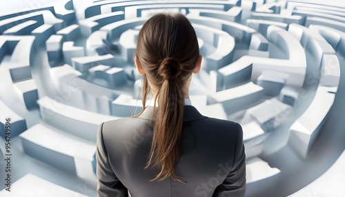 Closeup rearview of a young businesswoman with brunette hair wearing an elegant suit, standing in front of the labyrinth or maze. Strategy and plan for a company problem solution and future success.