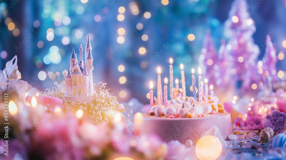 Enchanting fairy-tale birthday celebration with a castle cake, glowing candles, and whimsical decorations in a magical setting, perfect for children's parties Enchanting fairy-tale birthday celebration with a castle cake, glowing candles, and whimsical decorations in a magical setting, perfect for children's parties
