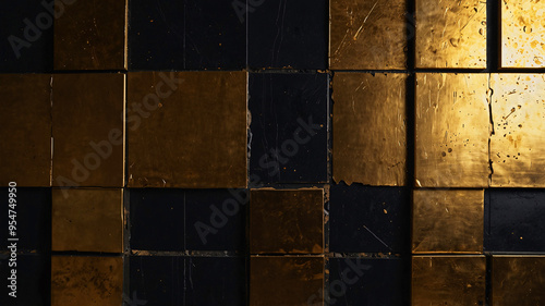 Image with black and gold square tiles arranged in a grid creating a luxurious and elegant pattern perfect for decor.