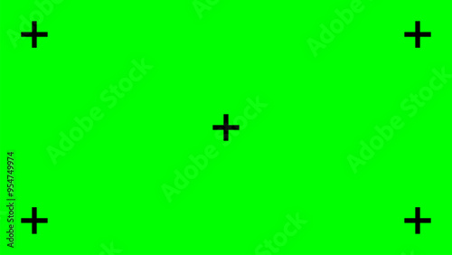 Greenscreen template. Green background with tracking black cross marks. Chromakey video technology to add visual effects or VFX in footage during movie post-production phase. Vector flat illustration.